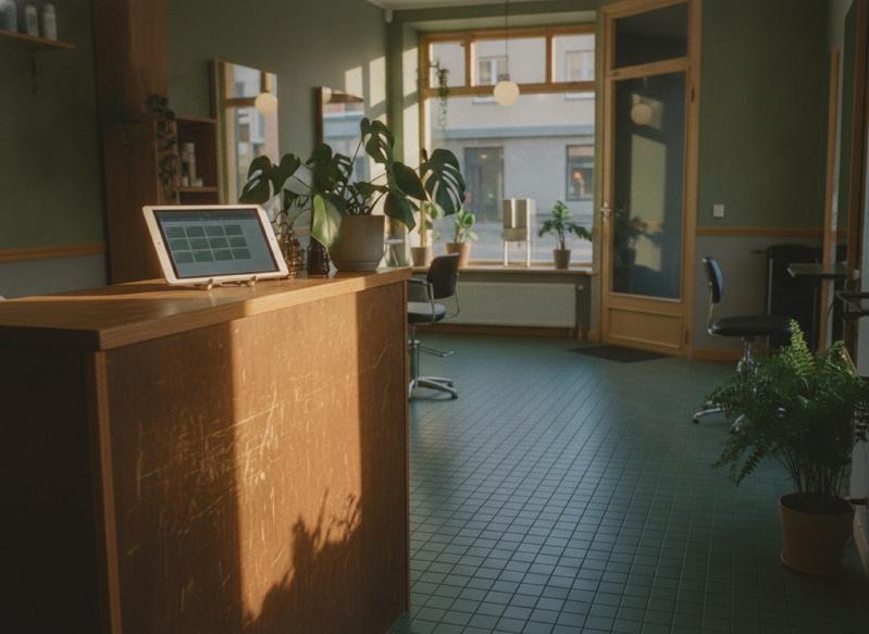 Hair salon in afternoon light with a tablet on the counter