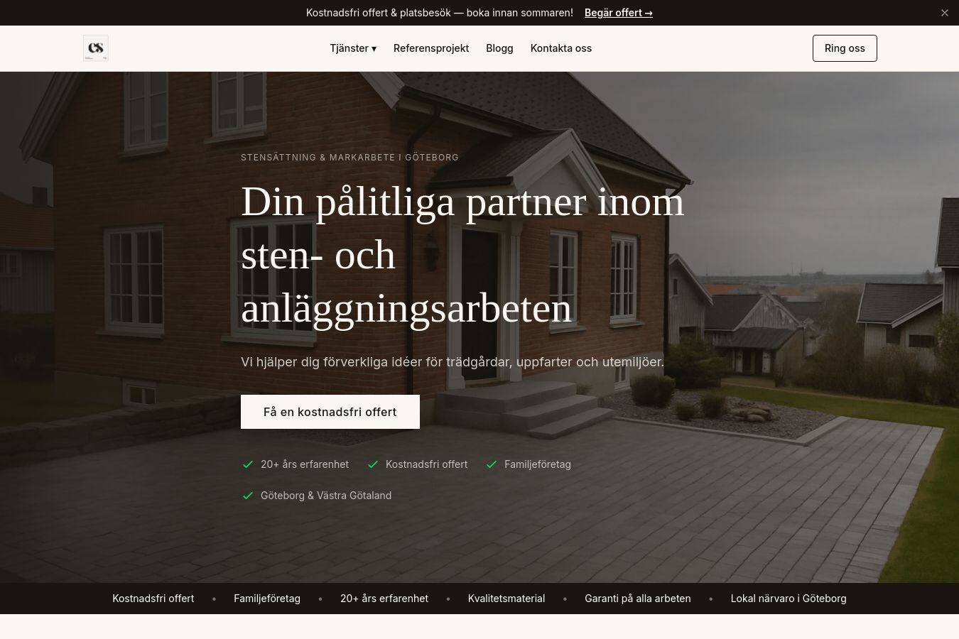 Screenshot of the ES Sten & Anläggning website, home page