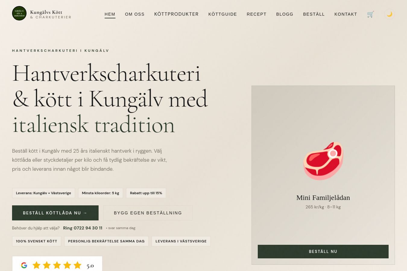Screenshot of the Kungälvs Kött och Chark website, home page