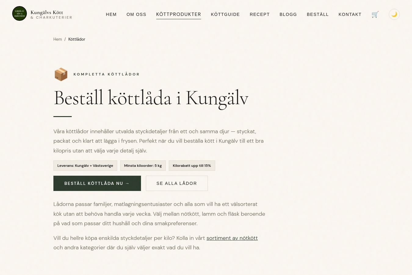 Screenshot of the Kungälvs Kött och Chark website, meat boxes