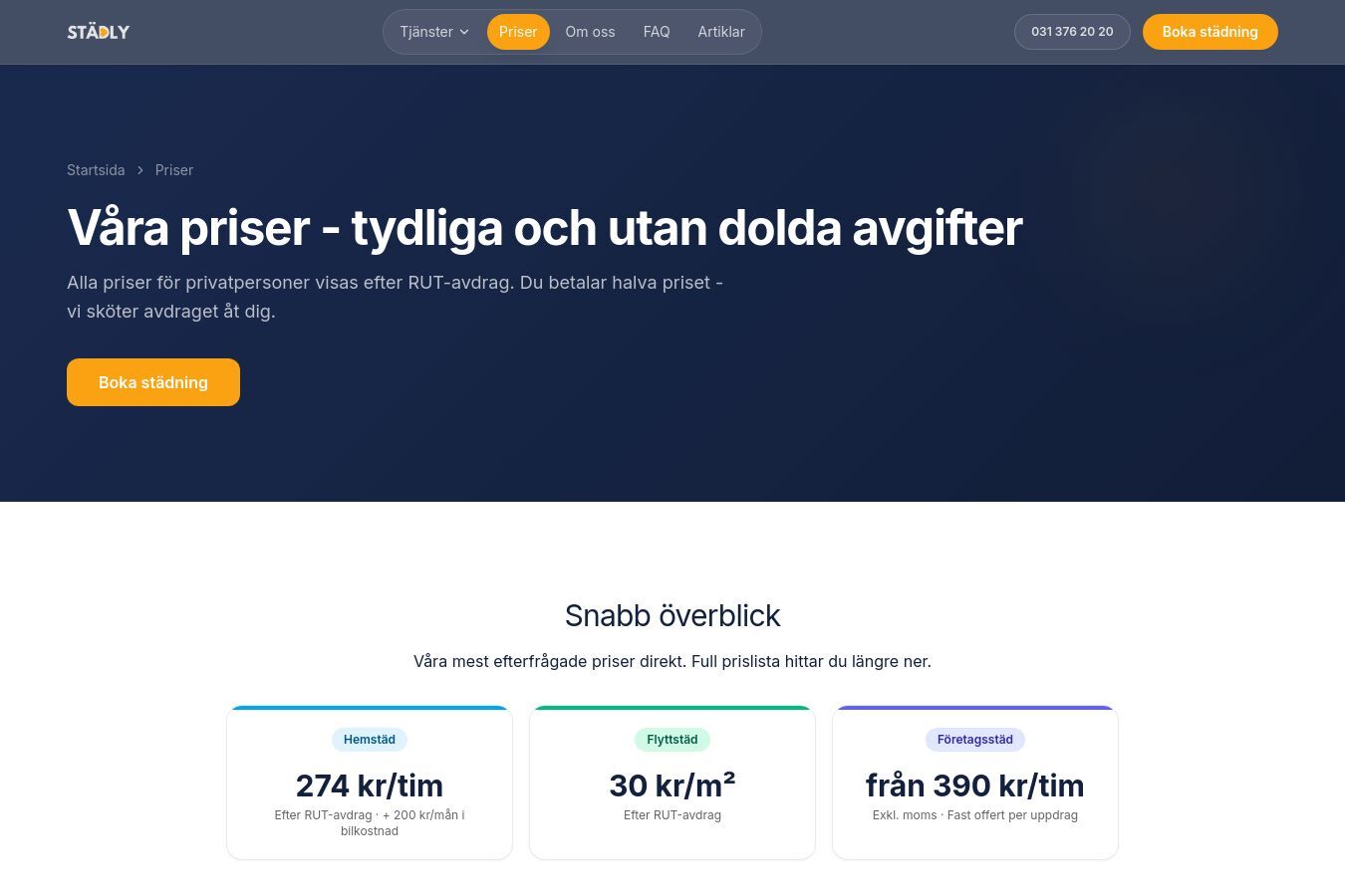 Screenshot of the Städly website, prices