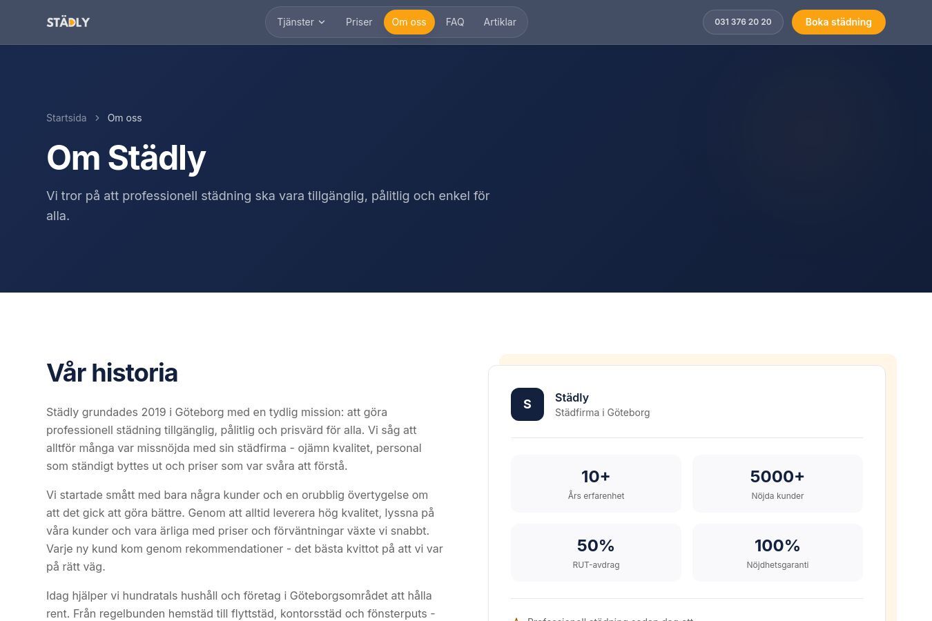 Screenshot of the Städly website, about us